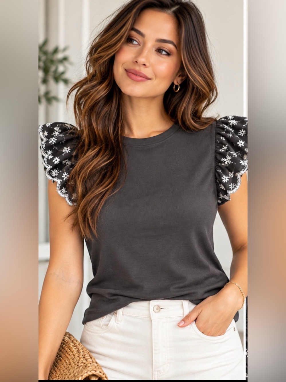 MNG Mango Charcoal Gray Ribbed Top XL Embroidered Ruffle Flutter Sleeves